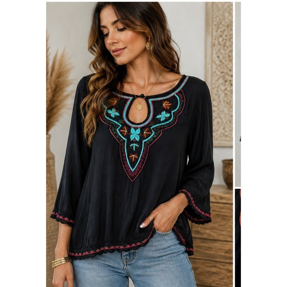 Biographie Embroidered Peasant Blouse Womens M Boho Keyhole Black Long Sleeve‎